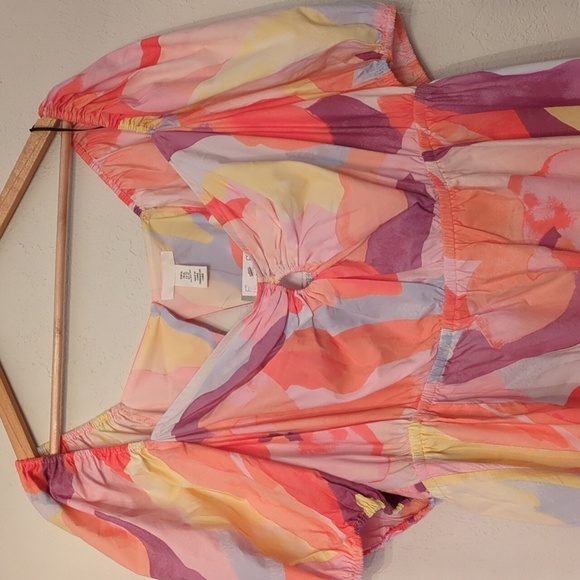 H&M Sweetheart Neckline Poplin Colorful Abstract Puff Sleeve Mini VacationDress - Picture 6 of 10